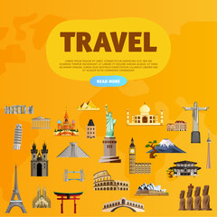 Wall Mural - Travel the world. Monument concept. Landmarks on the globe. Tourism and vacation theme. Travelling vector illustration. Modern flat design. Famous world landmarks icons. Journey around the world.