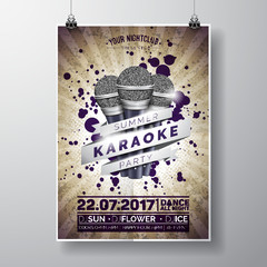 Sticker - Vector Flyer illustration on a Summer Karaoke Party theme with microphones and ribbon on vintage brown background.