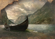 Old Viking Boat In Gudvangen Village Near Flam, Norway. Retro Im