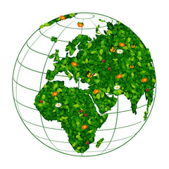 white globe with continents covered with leaf