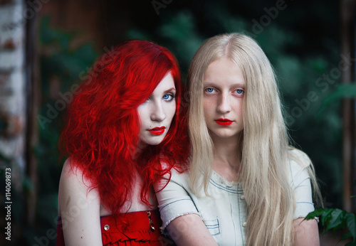 Two Women A Girl With Curly Red Hair And A Woman With Long Straight White Hair Blonde People With Pale Skin And Blue Eyes Style Fashion Friendship Love Between Women Buy