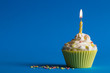 © OFC Pictures - yellow birthday cupcake with burning candle and blue background