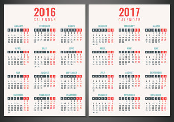 Calendar for 2016 and 2017. Week Starts Monday. Simple Vector Template