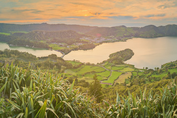 Wall Mural - mountain landscape with hiking trail and view of beautiful lakes, ponta delgada, sao miguel island, 