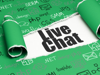 Web development concept: black text Live Chat under the piece of  torn paper
