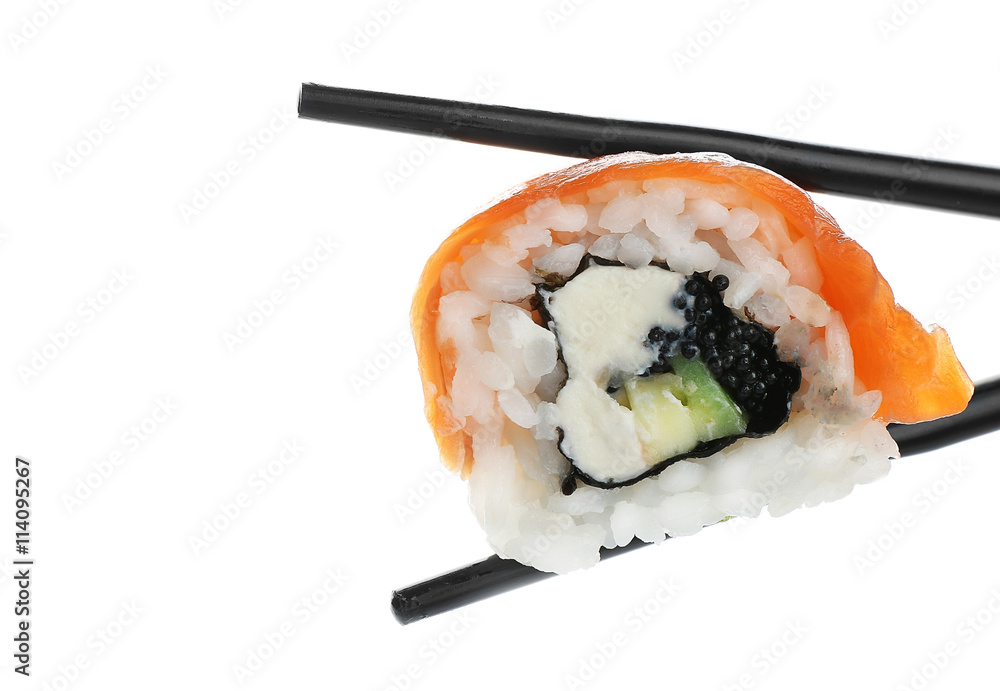 Sushi roll with chopsticks, isolated on white