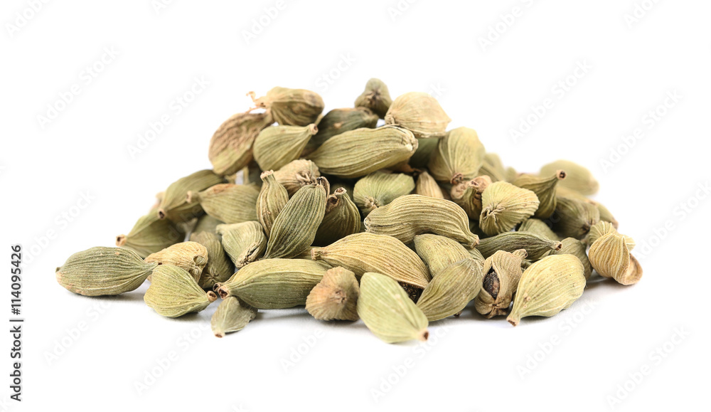 Cardamom seeds isolated on white