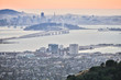 Sunset over San Francisco, as seen from Berkeley Hills. Aerial view of San Francisco from Grizzly Peak in Berkeley.