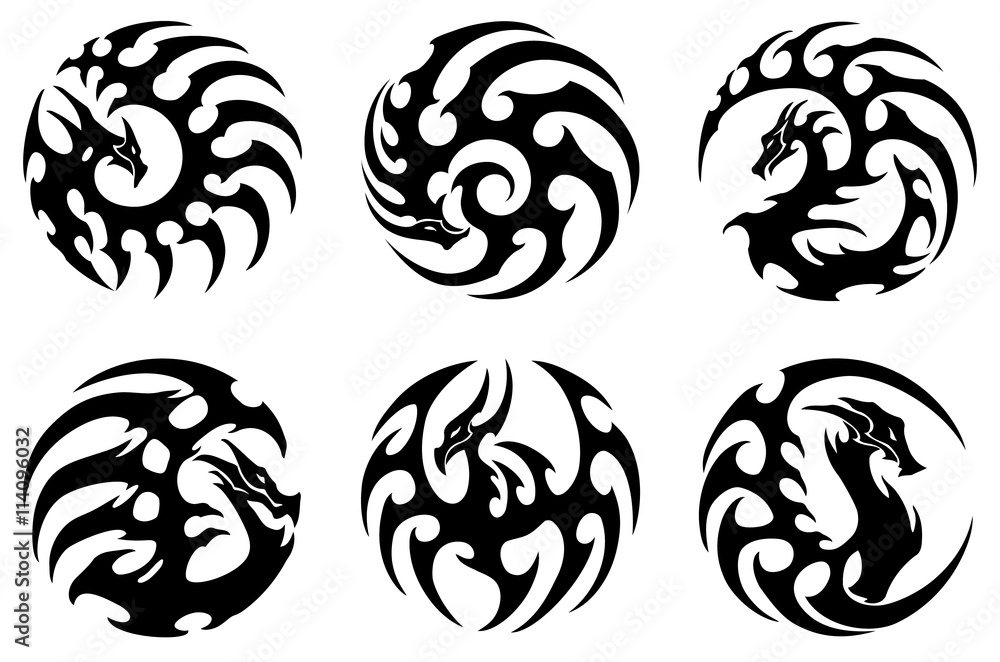 vector illustration, set of round tribal dragon tattoo designs, black ...