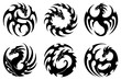 vector illustration, set of round tribal dragon tattoo designs, black and white graphics