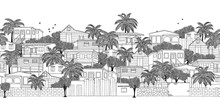 Seamless Banner Of A Caribbean Village With Wooden Stilt Houses, Hand Drawn Black And White Illustration