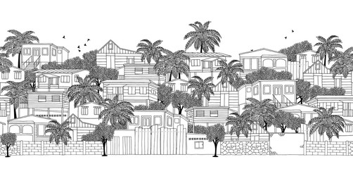 Sticker - Seamless banner of a Caribbean village with wooden stilt houses, hand drawn black and white illustration