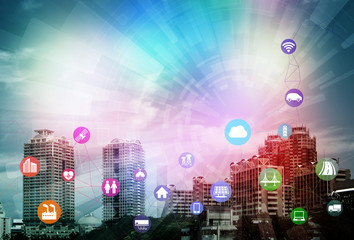 Aufkleber - smart city and internet of things, various communication devices, architecture, transportation, industry, infrastructure,medical, home electronics, abstract image visual