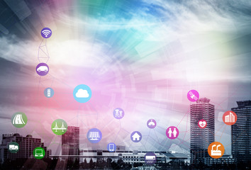 Aufkleber - smart city and internet of things, various communication devices, architecture, transportation, industry, infrastructure,medical, home electronics, abstract image visual