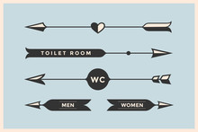 Set Of Vintage Arrows And Banners With Inscription WC, Toilet Room, Woman And Man. Design Elements In Retro Style Arrow Signs On Color Background. Vector Illustration