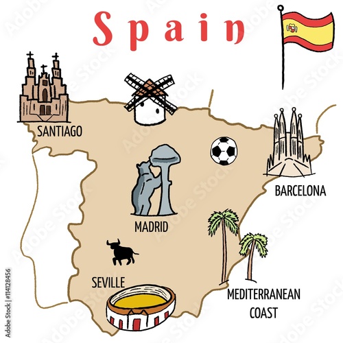 Fotomural Spain map with landmark drawings