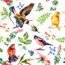 Seamless Pattern With Flowers, Leaves, And Birds. Watercolor Flowers And Birds. Vintage. Can Be Used For Gift Wrapping Paper And Other Backgrounds.