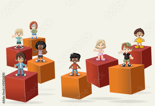 3d cubes with cartoon children. Infographic design.