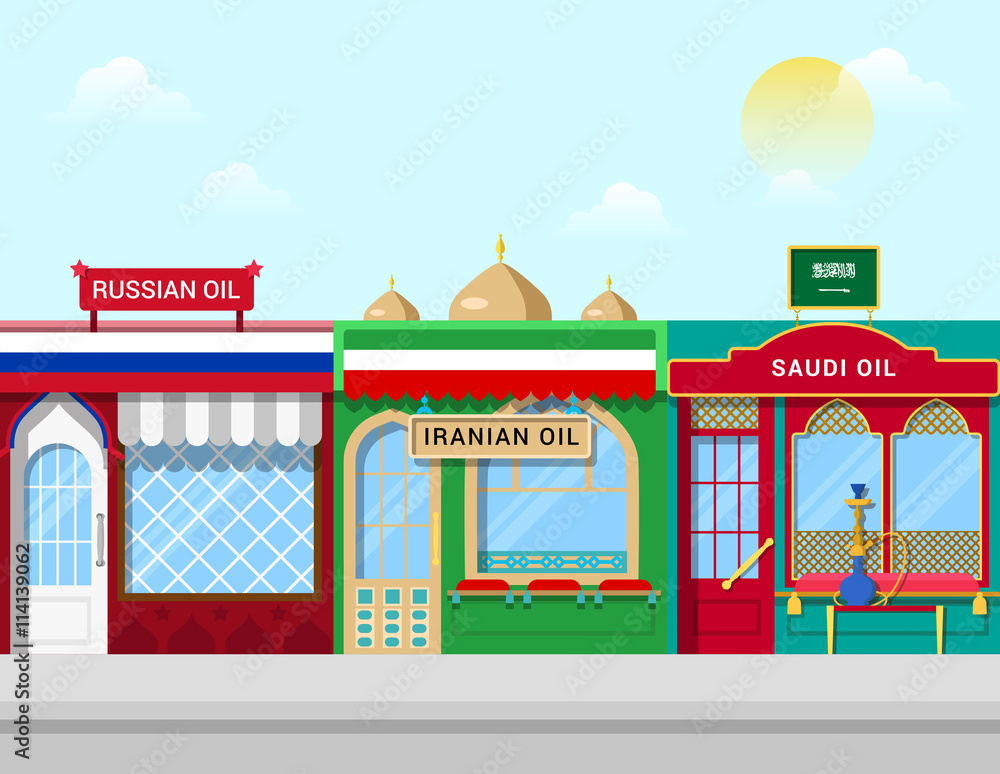 Oil shops concept vector illustration Russian Iranian Saudi