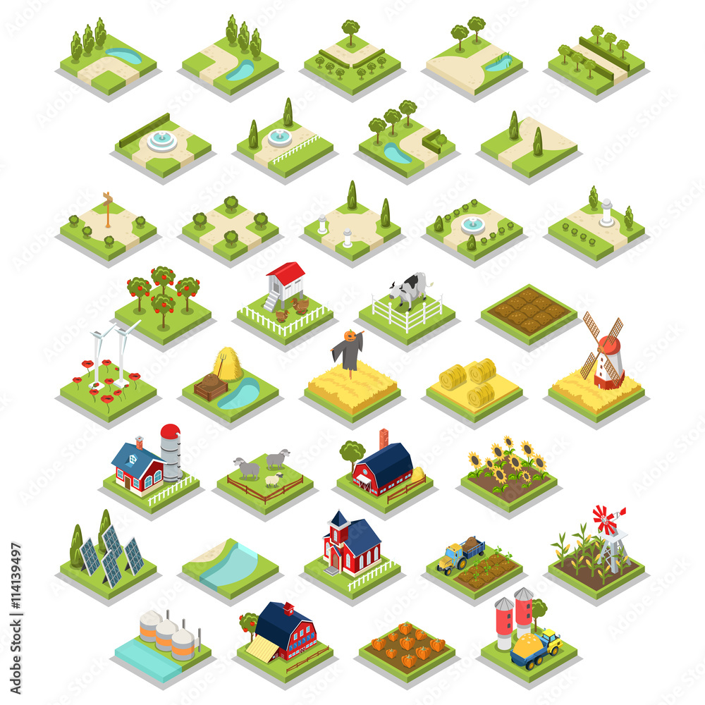 Flat 3d isometric set infographics farm object tool equipment Stock ...