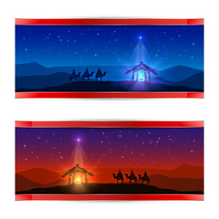 Wall Mural - Christmas cards with star and birth of Jesus