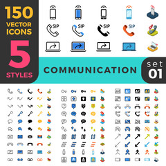 Wall Mural - Communication 150 line flat isometric mobile web site icon set