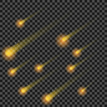 Yellow Stars Isolated On Checkered Background. Hight Sky. Shooting Selestial Comets. Meteor Shower. Meteorites Falling.