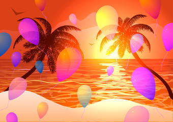 Wall Mural - Vector Illustration. Party on the beach at sunset.