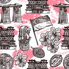 Poster - Singapore Hand Drawn Sketch Seamless Pattern