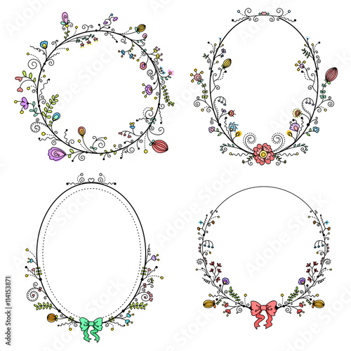 Vector set of black border and color flower on circle frame Stock Vector | Adobe Stock