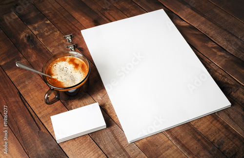 Download Blank Paperwork Template For Designers Responsive Design Mockup On Vintage Wooden Background Paper Letterhead Coffee Cup Pencil And Business Cards On Wooden Table Background Buy This Stock Photo And Explore Similar Yellowimages Mockups
