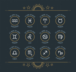 zodiac icon collection. sacred symbols set. vintage style design elements of horoscope and astrology