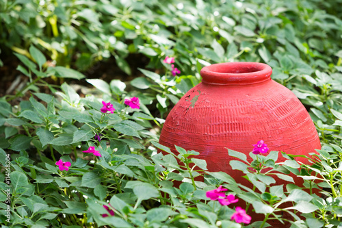Colorful pot decorated in a garden