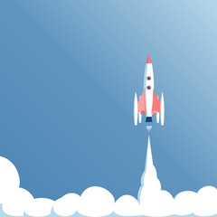 vector illustration launch spacecraft or spaceship on a blue background, spacecraft takeoff, startup