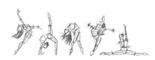 Set Silhouettes Of Woman Dancing Line Art. Dancing Woman Lineart Sketch