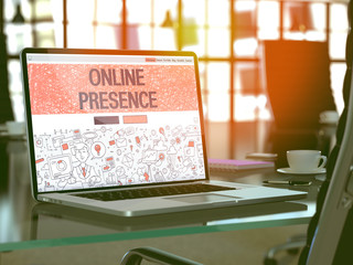 Wall Mural - online presence concept. closeup landing page on laptop screen in doodle design style. on background