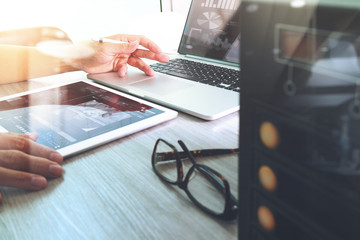 Poster - Website designer working digital tablet and computer laptop with