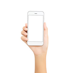 Poster - woman hand hold white phone isolated on white cutout with clippi