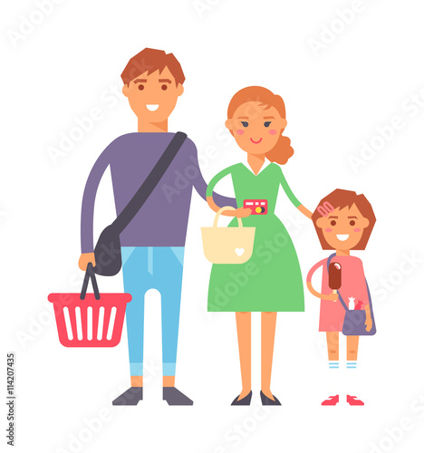 Happy Family Portrait In Supermarket Shopping Together Vector Characters Shopping Family Fun Together And Cartoon Family Joy Together Parent Leisure Cheerful Portrait Family Buy This Stock Vector And Explore Similar Vectors