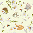 Vector herbal tea seamless pattern with chamomile flowers. Background design for tea, homeopathy, herbal cosmetics, grocery,health care products. Best for fabric, textile, wrapping paper.