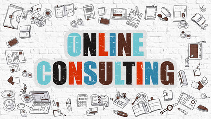 Wall Mural - online consulting. online consulting drawn on white brick wall. online consulting in multicolor. mod