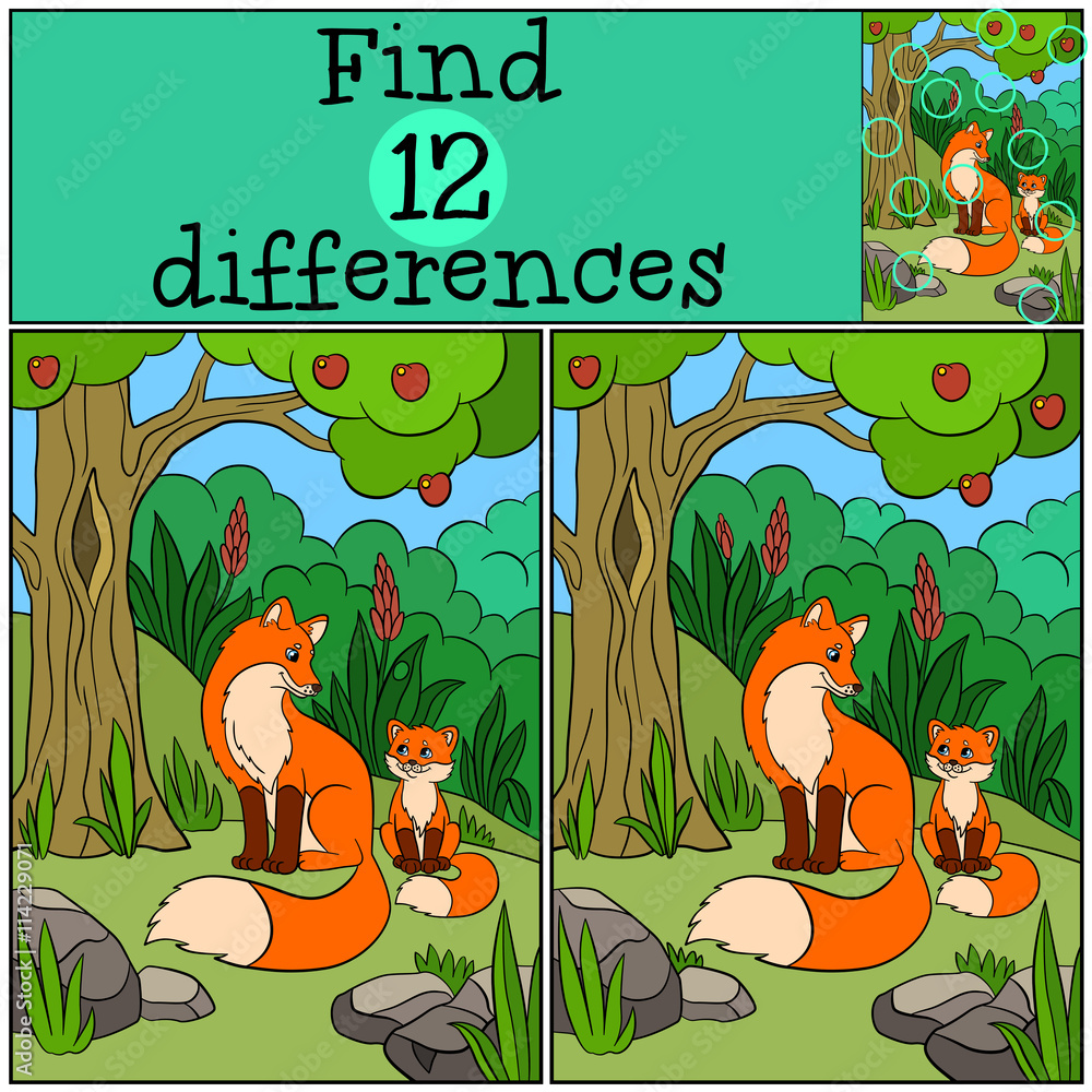 Children games: Find differences. Mother fox sits with her little cute ...