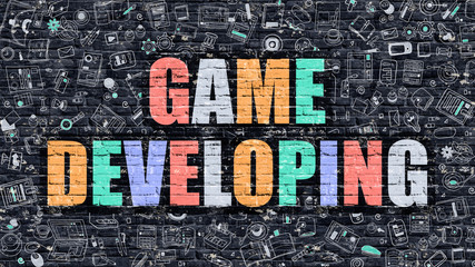 Wall Mural - Game Developing. Multicolor Inscription on Dark Brick Wall with Doodle Icons. Game Developing Concept in Modern Style. Doodle Design Icons. Game Developing on Dark Brickwall Background.