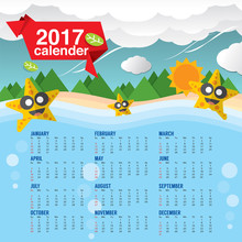 Cute Starfish 2017 Calendar Starts Sunday Vector Illustrationใ