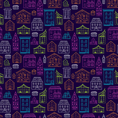  Seamless hand-drawn pattern, cute colorful background with houses, color nice buildings on dark background, good for design fabric, wrapping paper, postcards, EPS 8