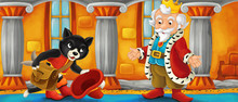 Cartoon Cat Visiting King In His Castle - Illustration For Children