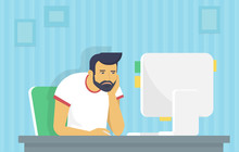 Tired And Bored Man Is Working With Computer. Flat Fun Illustration Of Tired Student Studying Or Working Using Pc At Home Desk. Young Man Reading Email Or Coding A Website At His Desktop He Sleeping