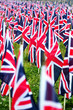 British United Kingdom UK Flags in a row with front focus and the further away symbols blurry with bokeh. The flags were set up on Memorial Day in DC.