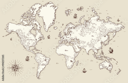 Plakat Wysoka szczegółowe, mapa starego świata z elementami dekoracyjnymi