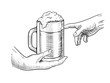 Hands with cup of beer engraving style vector